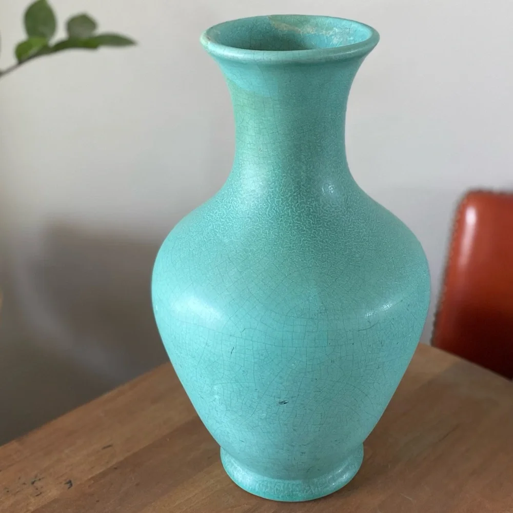 Large Weller Pottery Evergreen/Turquoise Vase Satin Matt Green 12” Vintage